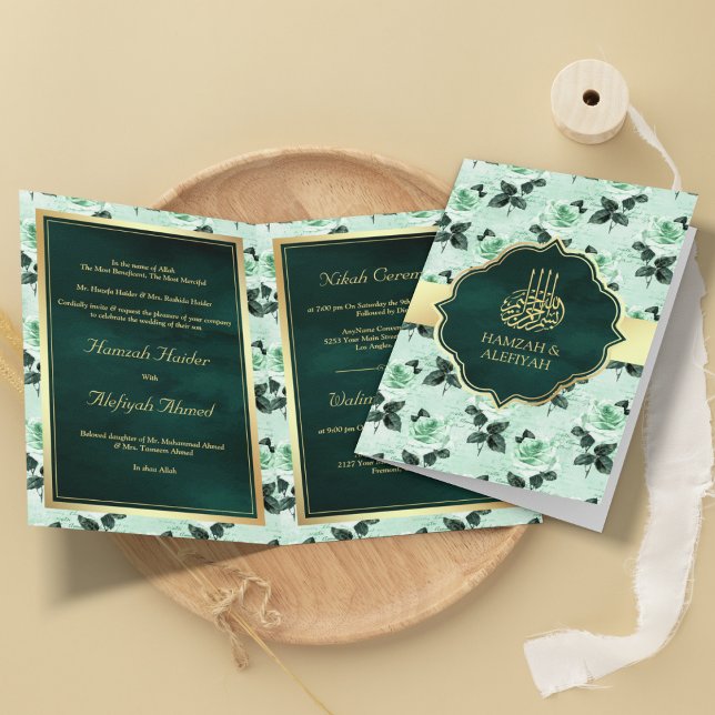 Emerald Green Leaves and Mint Roses Muslim Wedding Invitation (Creator Uploaded)