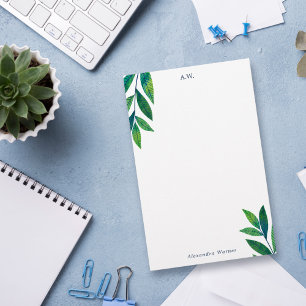Emerald Green Leaves Monogram Stationery