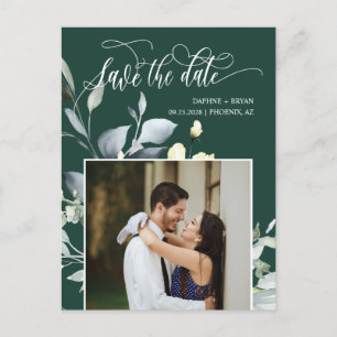Emerald Green Leaves QR Code Photo Save the Date Announcement Postcard