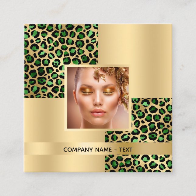 Emerald green leopard gold pattern photo QR code Square Business Card (Front)