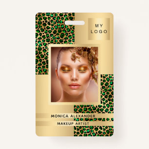 Emerald green leopard photo business ID badge
