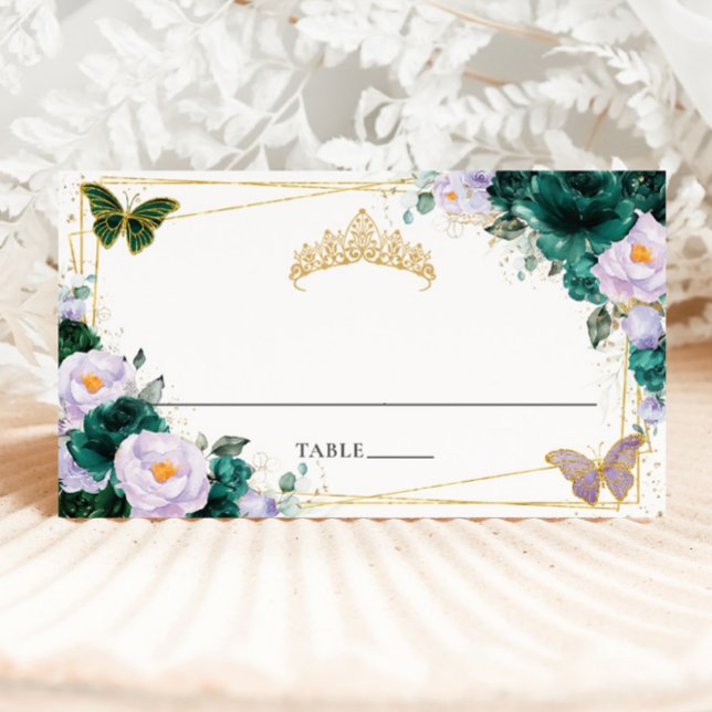 Emerald Green Lilac Purple Floral Quinceañera 16th Place Card (Creator Uploaded)