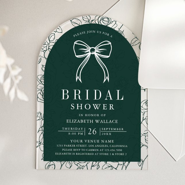 Emerald Green Line Art Coquette Bow Bridal Shower Acrylic Invitations (Creator Uploaded)