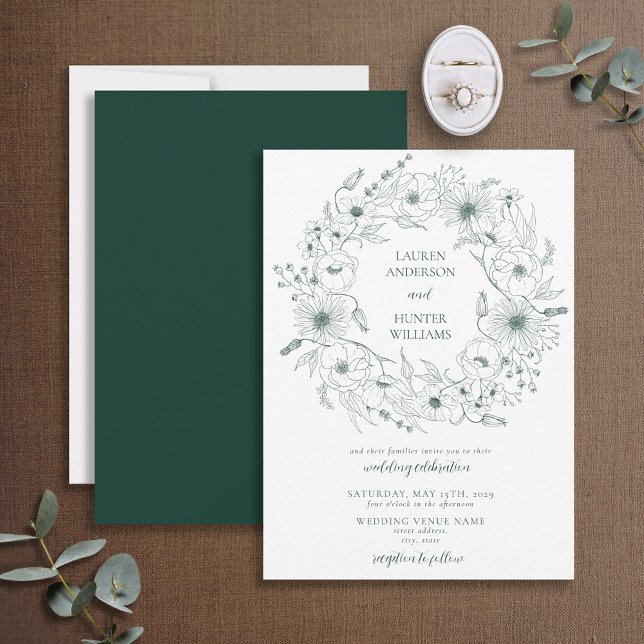 Emerald Green Line Art Floral Wreath Wedding Invitation (Creator Uploaded)