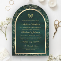 Emerald Green Line Art Gold Arch Butterfly Wedding