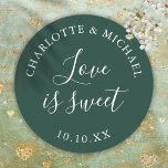 Emerald Green Love Is Sweet Wedding Favor  Classic Round Sticker<br><div class="desc">Emerald green wedding favor love is sweet classic round sticker. Designed by Thisisnotme©</div>