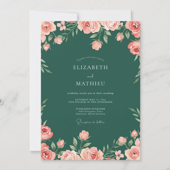 Emerald Green Lush Rose Wedding Invitation (Front)