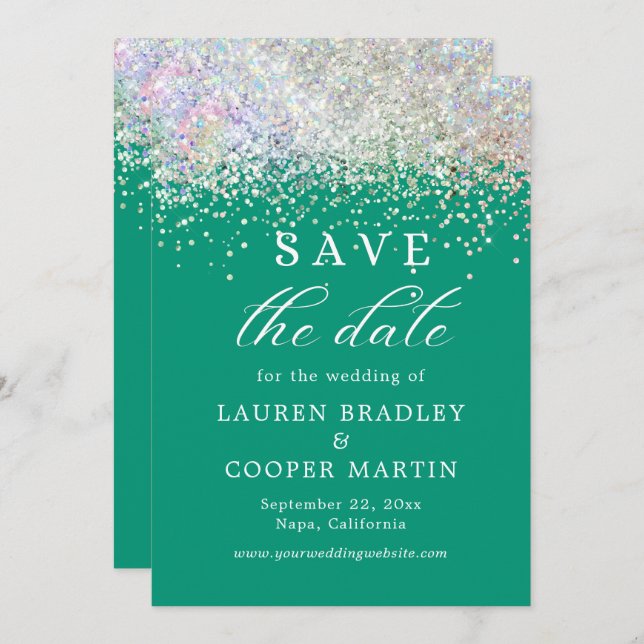 Emerald Green Luxury Glitter Wedding Save The Date (Front/Back)