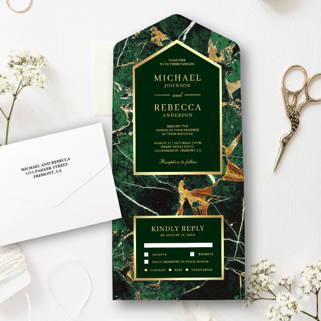 Emerald Green Marble Faux Gold Foil Wedding All In One Invitation (Creator Uploaded)