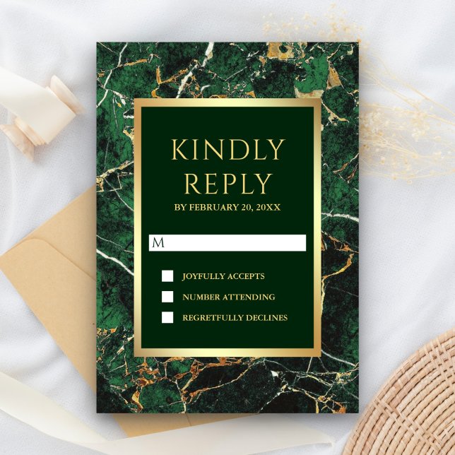 Emerald Green Marble Faux Gold Foil Wedding RSVP Card (Creator Uploaded)