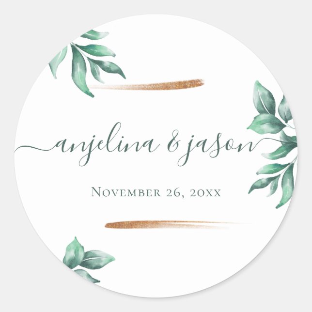 Emerald Green Marble & Gold Eucalyptus Wedding  Classic Round Sticker (Front)
