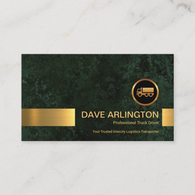 Emerald Green Marble Grunge Gold Stripe Truck Business Card (Front)