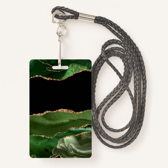 Emerald Green Marbled Agate Contemporary Stone ID Badge (Front with Lanyard)