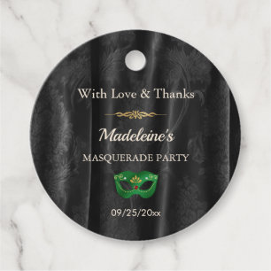 Emerald Green Masquerade Black & Gold Damask Round Favour Tags