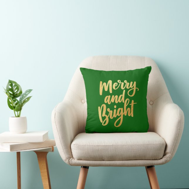 Emerald Green Merry and Bright - Gold Script Decor Cushion (Chair)