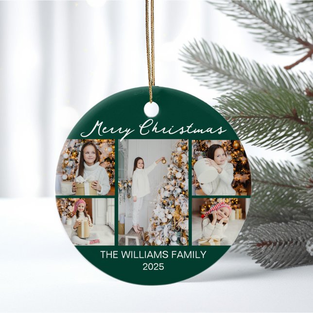 Emerald Green Merry Christmas Photo Collage Ceramic Tree Decoration (Creator Uploaded)