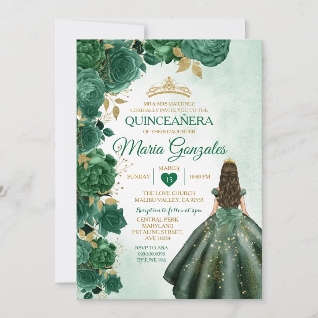 Emerald Green Mexican Quinceañera 16th Butterfly Invitation (Front)