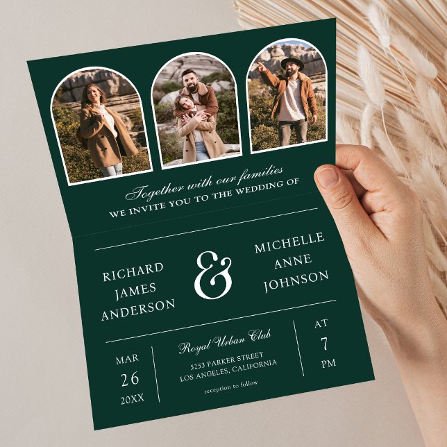 Emerald Green Minimal Arch Photo QR code Wedding Invitation (Creator Uploaded)