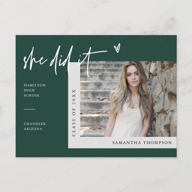 Emerald Green Minimal Photo She Did It Graduation  Postcard (Front)