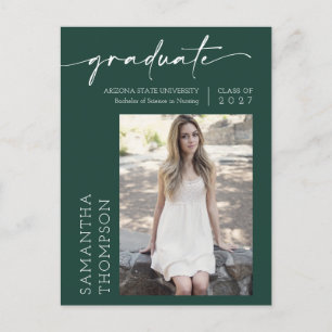Emerald Green Minimal Script Two Photo Graduation Postcard