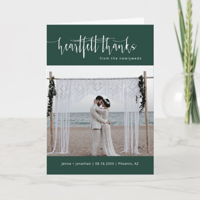 Emerald Green Minimal Script Wedding Photo Folded Thank You Card (Front)