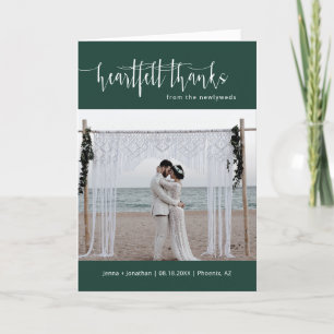Emerald Green Minimal Script Wedding Photo Folded Thank You Card