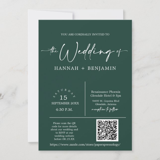 Emerald Green Minimal Wedding Arch QR Code Photo Invitation (Front)