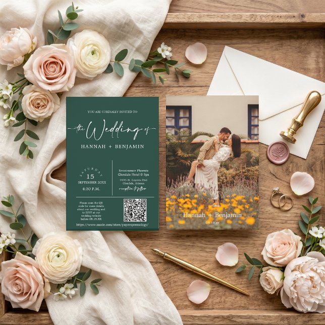 Emerald Green Minimal Wedding Arch QR Code Photo Invitation (Creator Uploaded)