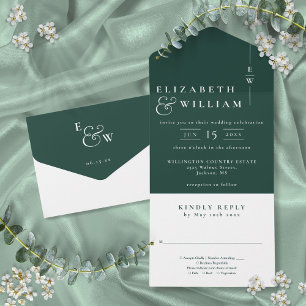 Emerald Green Minimalist Elegant Monogram Wedding All In One Invitation