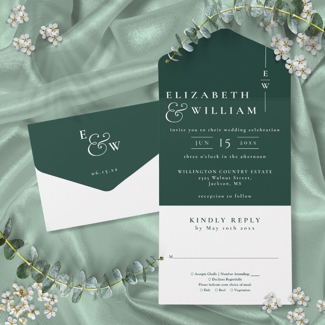 Emerald Green Minimalist Elegant Monogram Wedding All In One Invitation (Emerald Green Minimalist Elegant Monogram Wedding All In One Invitation)