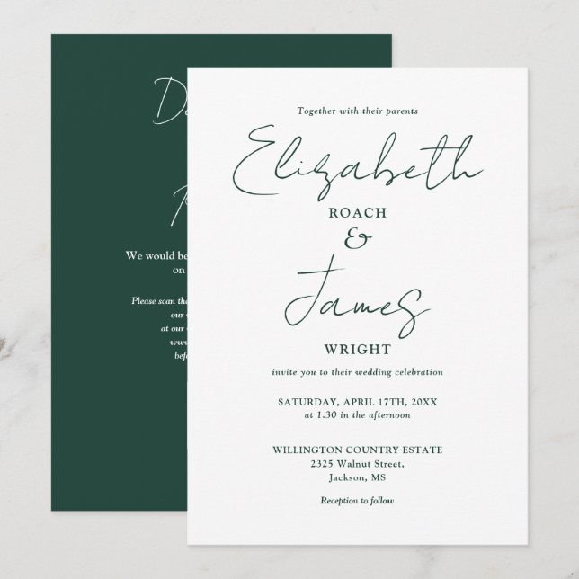 Emerald Green Minimalist Elegant QR Code Wedding Invitation (Front/Back)