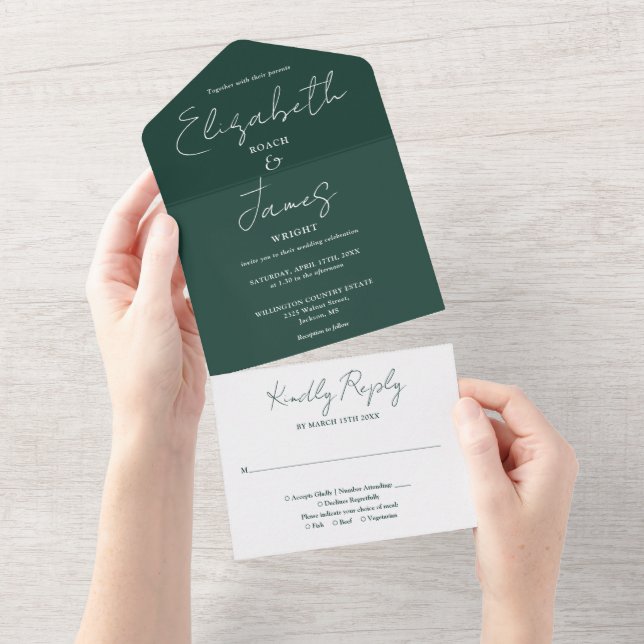 Emerald Green Minimalist Elegant Script Wedding All In One Invitation (Tearaway)