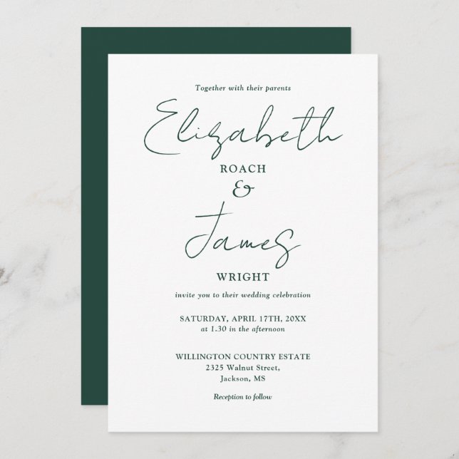 Emerald Green Minimalist Elegant Script Wedding Invitation (Front/Back)