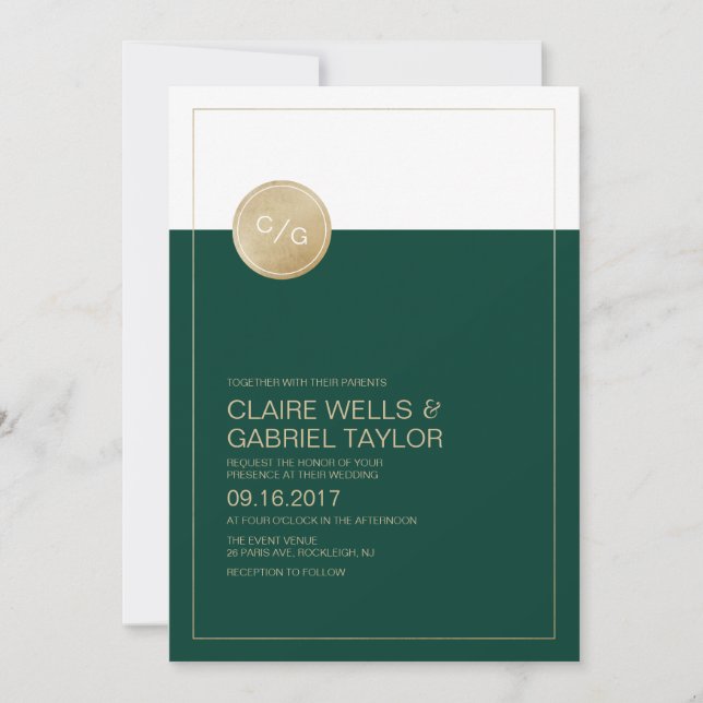 emerald green minimalist modern wedding invitation (Front)