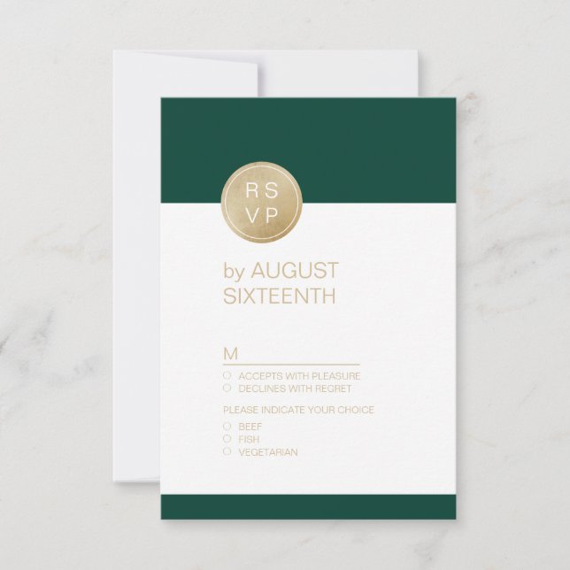 Emerald green minimalist modern wedding RSVP Card (Front)
