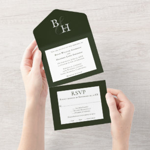 Emerald Green Minimalist Monogram Wedding All In One Invitation