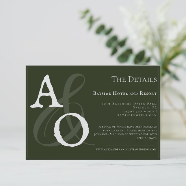 Emerald Green Minimalist Monogram Wedding Enclosure Card (Standing Front)