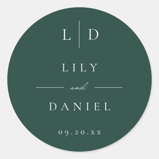 Emerald Green Minimalist Monogram Wedding Favour Classic Round Sticker (Front)