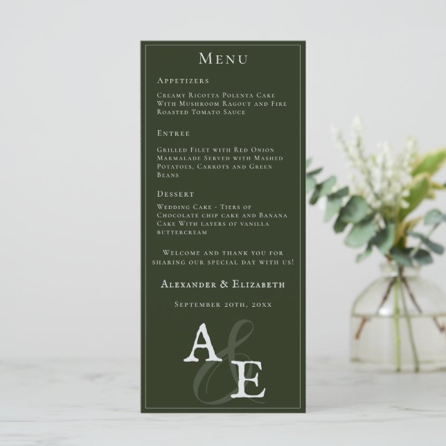 Emerald Green Minimalist Monogram Wedding Menu (Standing Front)