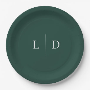 Emerald Green Minimalist Monogram Wedding Paper Plate