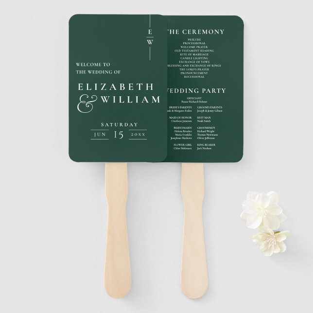 Emerald Green Minimalist Monogram Wedding Program Hand Fan (Front and Back)
