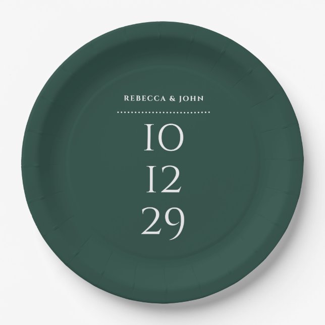 Emerald Green Minimalist Special Date Wedding Paper Plate (Front)