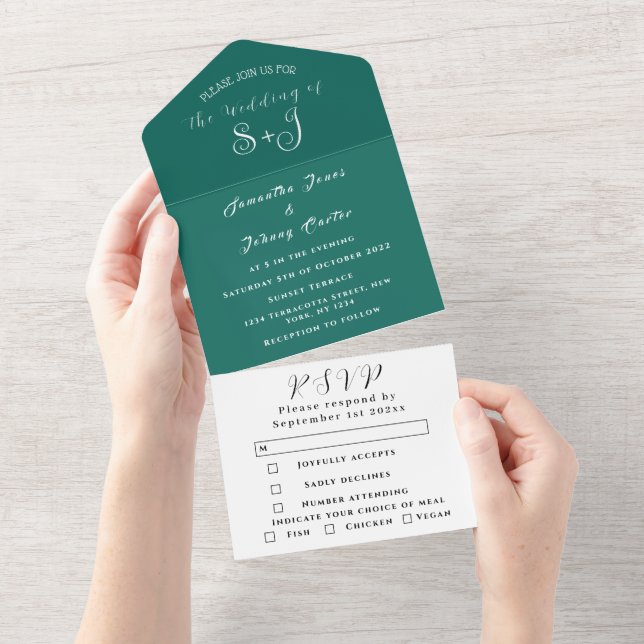 Emerald Green Minimalist Wedding  All In One Invitation (Tearaway)