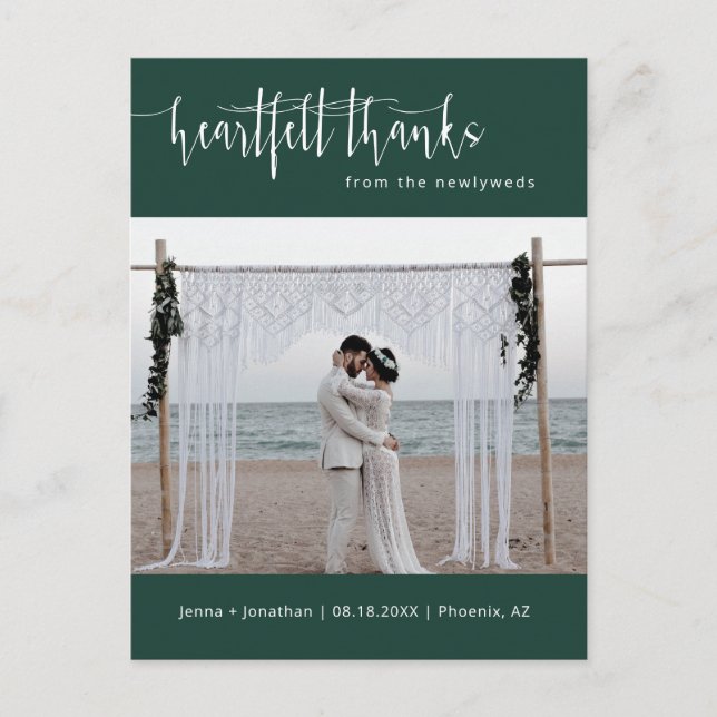 Emerald Green Minimalist Wedding Photo Thank You Postcard (Front)