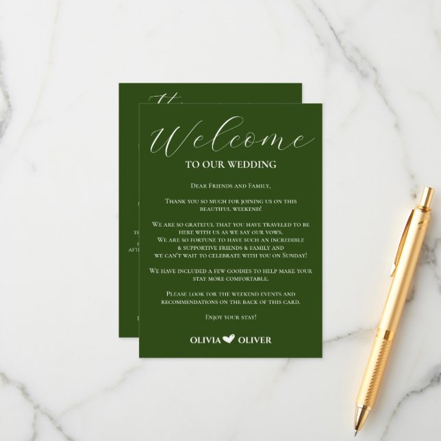 Emerald green minimalist wedding weekend itinerary enclosure card (Front/Back In Situ)
