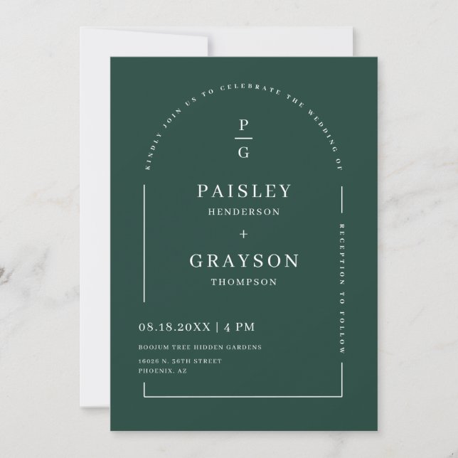 Emerald Green Modern Arch Initial QR Code Photo Invitation (Front)