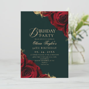 Emerald Green Modern Elegant Rose 50th Birthday Invitation