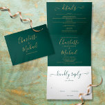 Emerald Green Modern Gold Script Photo Wedding Tri-Fold Invitation<br><div class="desc">All in one emerald green tri-fold wedding invitation featuring elegant gold typography and your special photo. The invitation includes your celebration guest information details and a detachable RSVP card. Designed by Thisisnotme©</div>