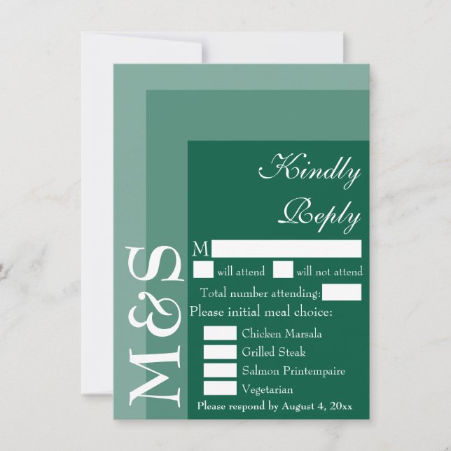 Emerald Green Modern Initial Wedding RSVP Card (Front)
