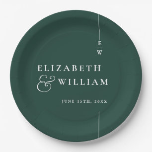 Emerald Green Modern Minimalist Monogram Wedding Paper Plate